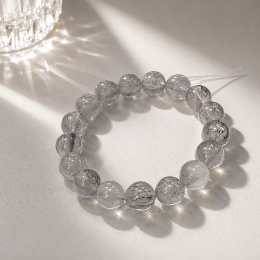Natural Black Rutilated Quartz Crystal Beaded Bracelet
