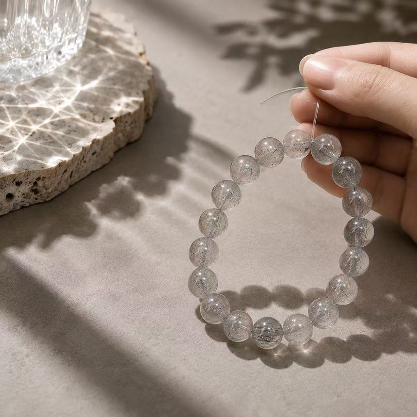 Natural Black Rutilated Quartz Crystal Beaded Bracelet