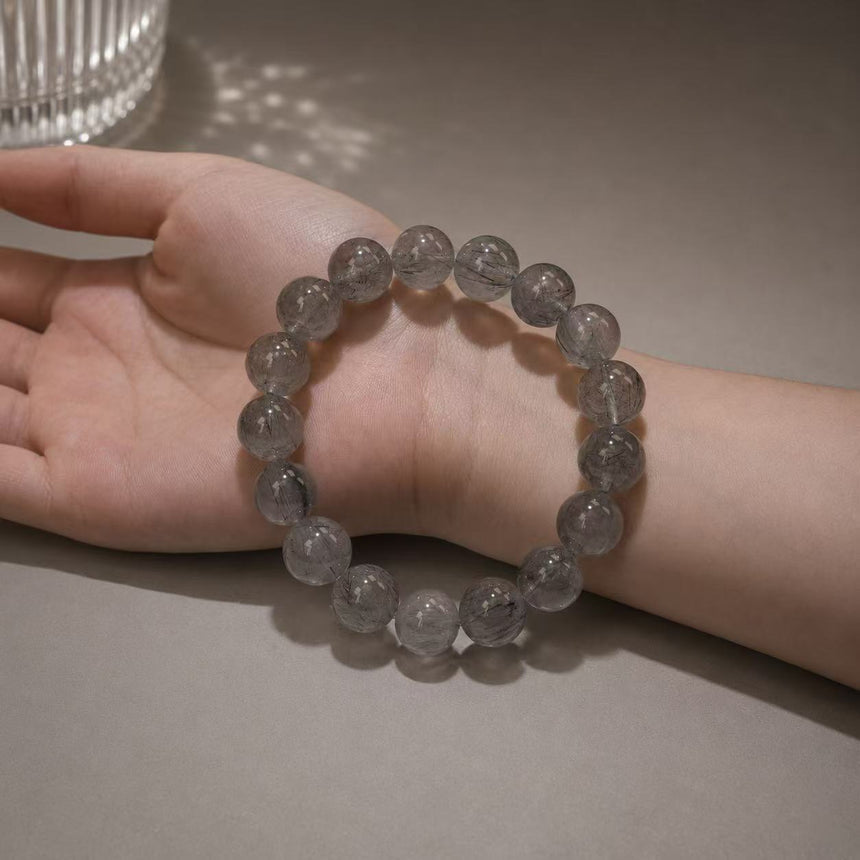 Natural Black Rutilated Quartz Crystal Beaded Bracelet