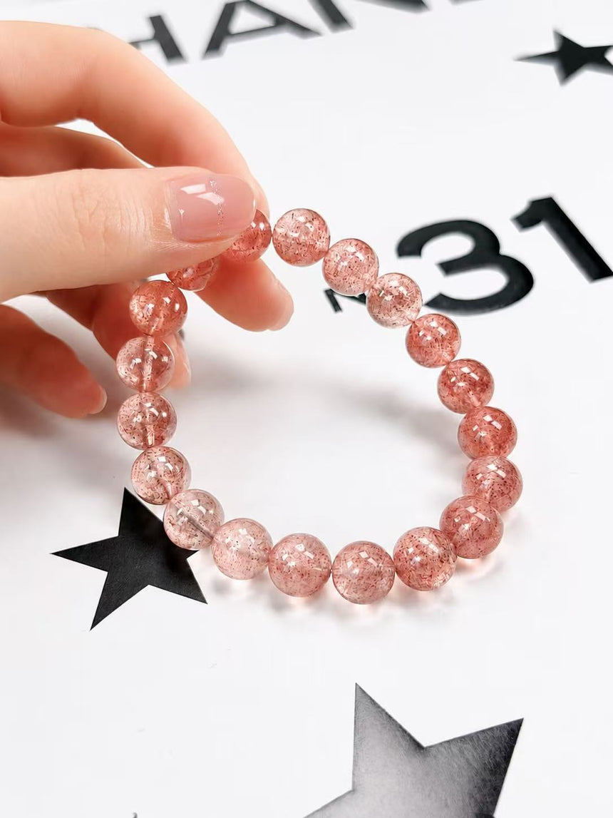 Natural Pink Strawberry Quartz Crystal Beaded Bracelet