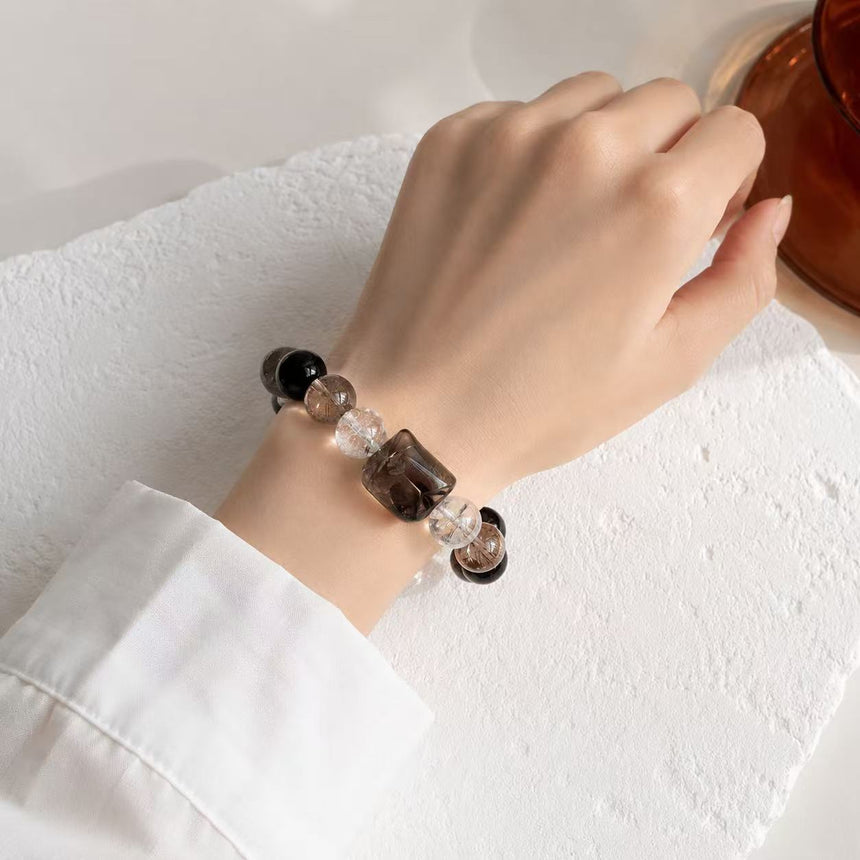 Natural Obsidian Smoky Quartz Crystal Bracelet
